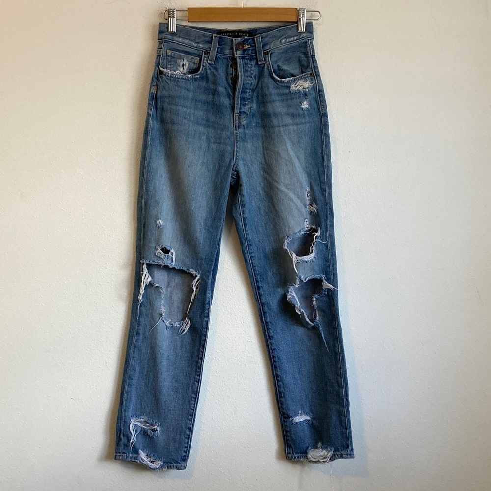 Veronica Beard Blue Distressed Straight Leg Jeans